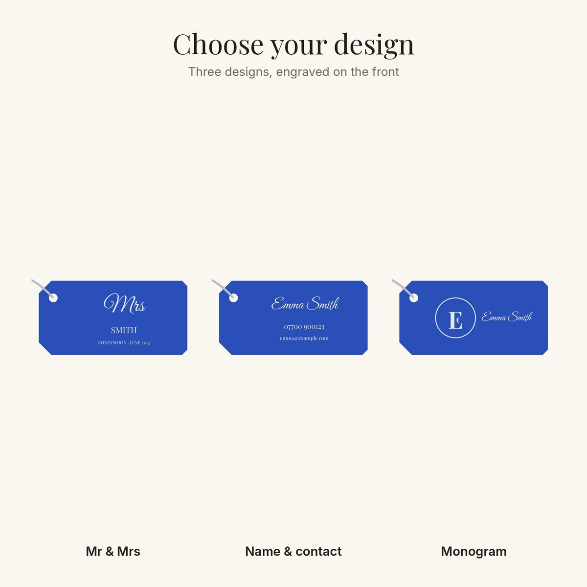 The three luggage tag designs