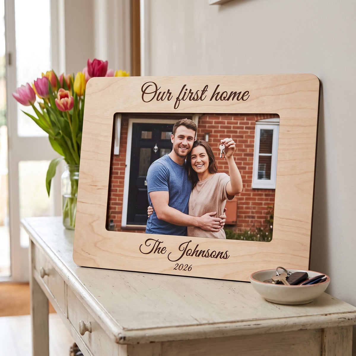 Engraved wooden frame reading Our first home and The Johnsons on a hallway table