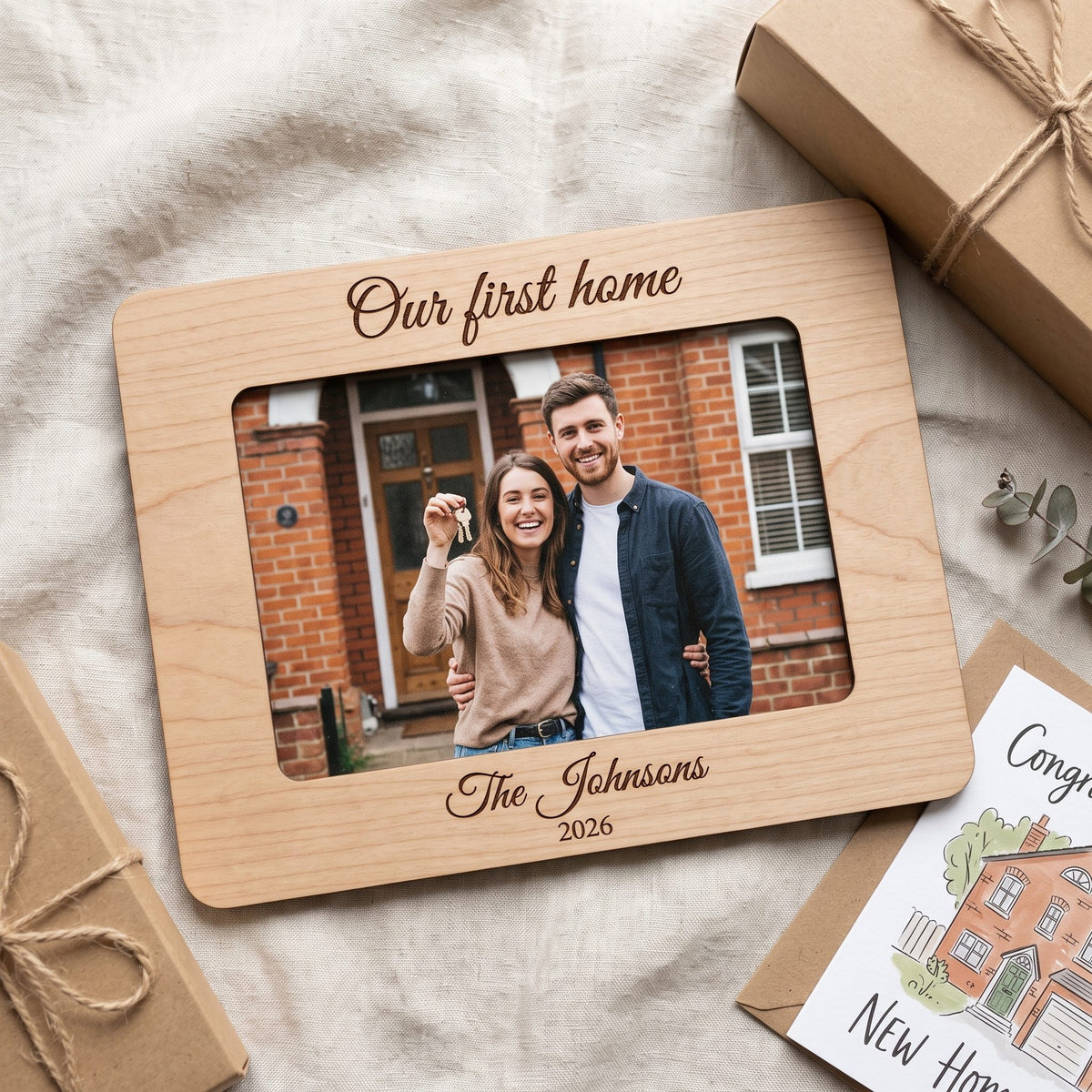 Engraved housewarming photo frame on linen with a new home card