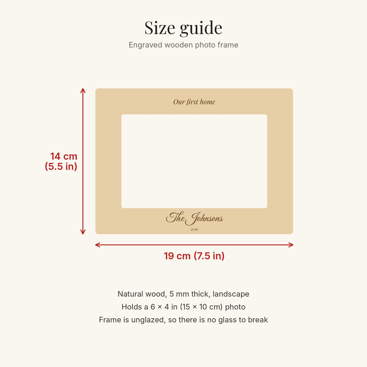 Size guide: 19 × 14 cm, holds a 6x4 photo