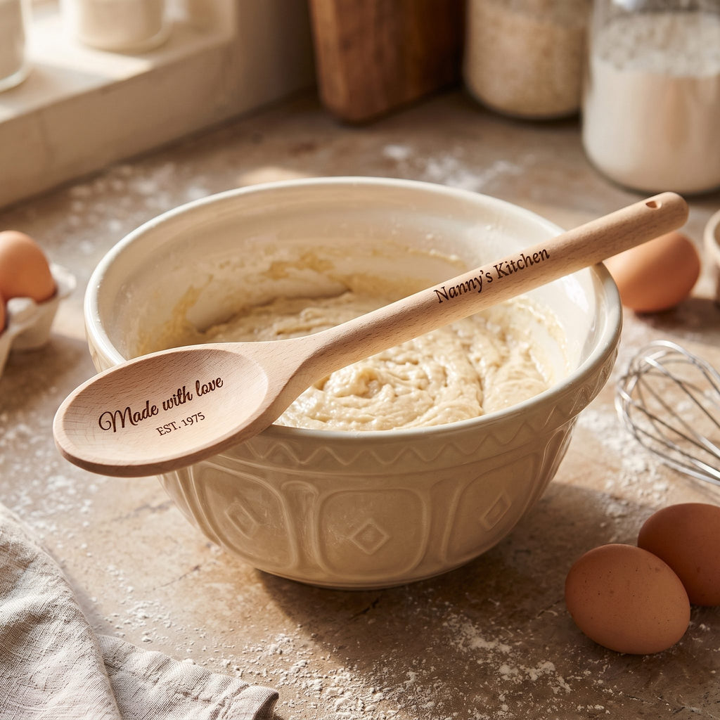 Engraved beech wooden spoon reading Nanny's Kitchen resting on a mixing bowl of cake batter
