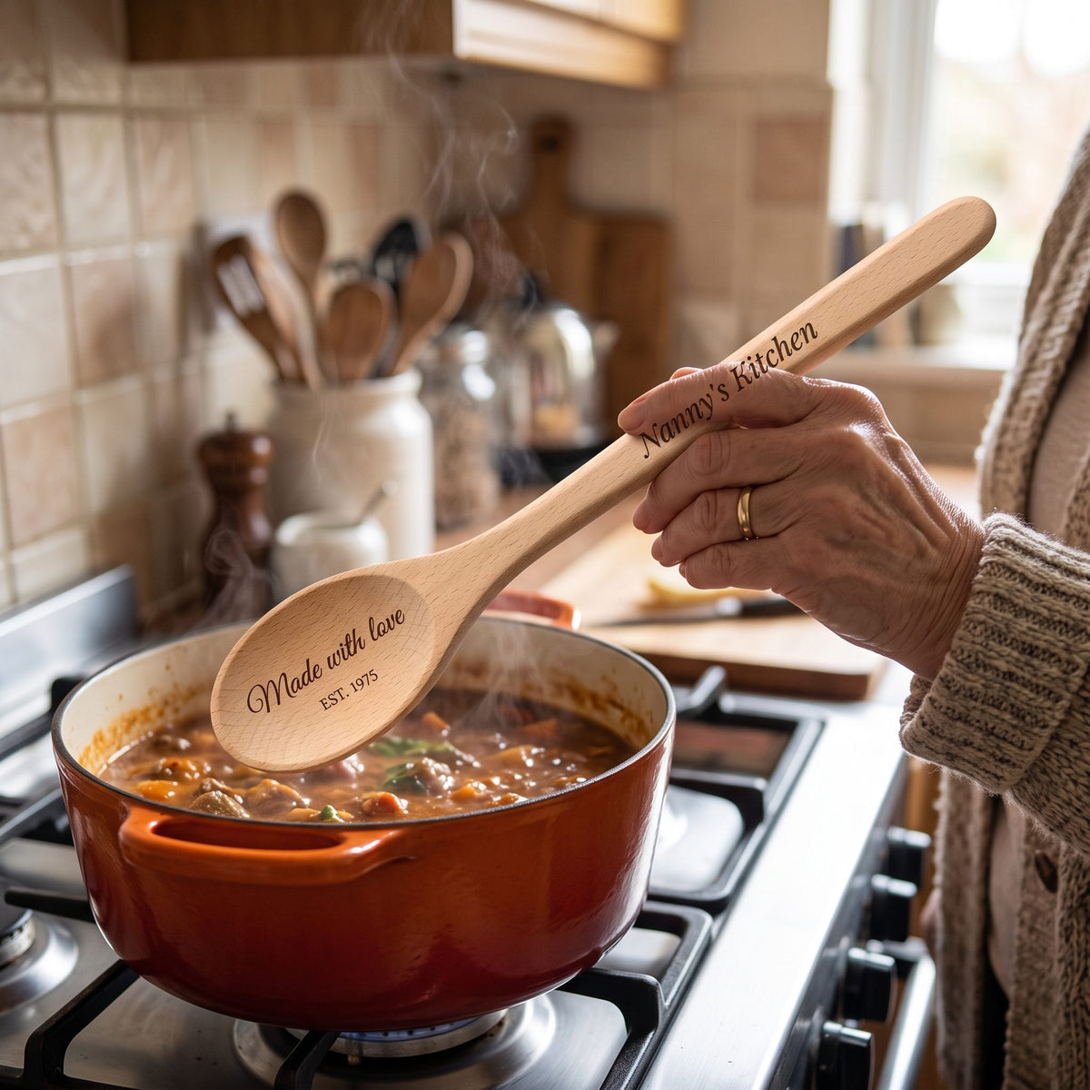 Grandmother stirring a pot of stew with an engraved wooden spoon