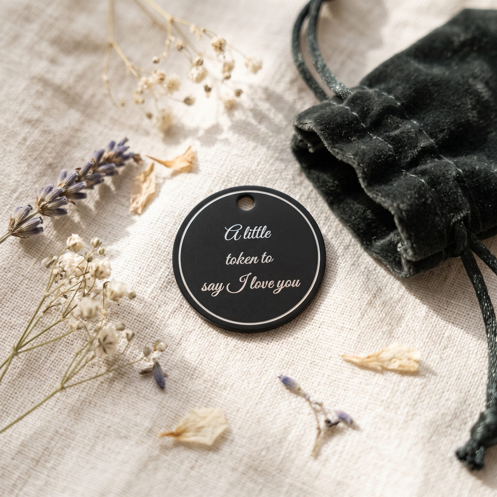 Black pocket token engraved A little token to say I love you on linen with dried flowers