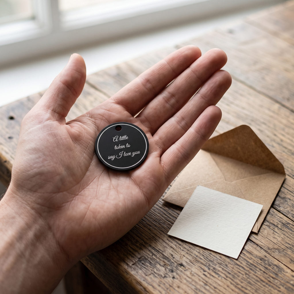 Engraved pocket token in an open palm with a message card