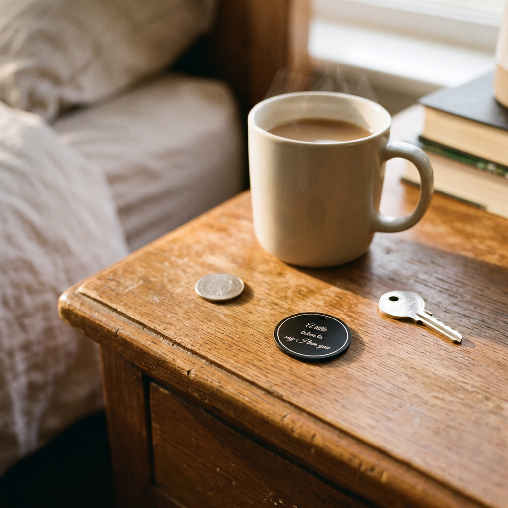Pocket token on a bedside table beside a mug of tea