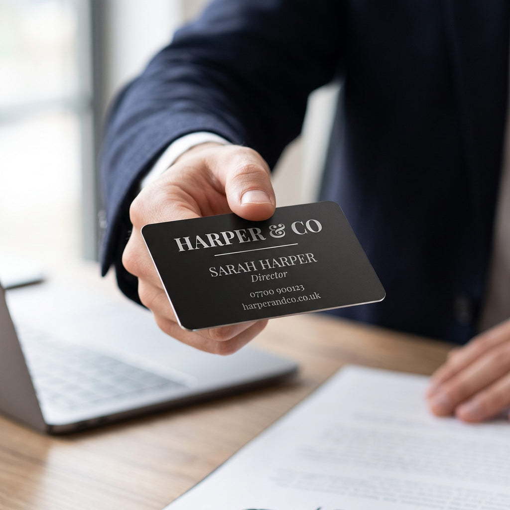 Professional handing over an engraved metal business card