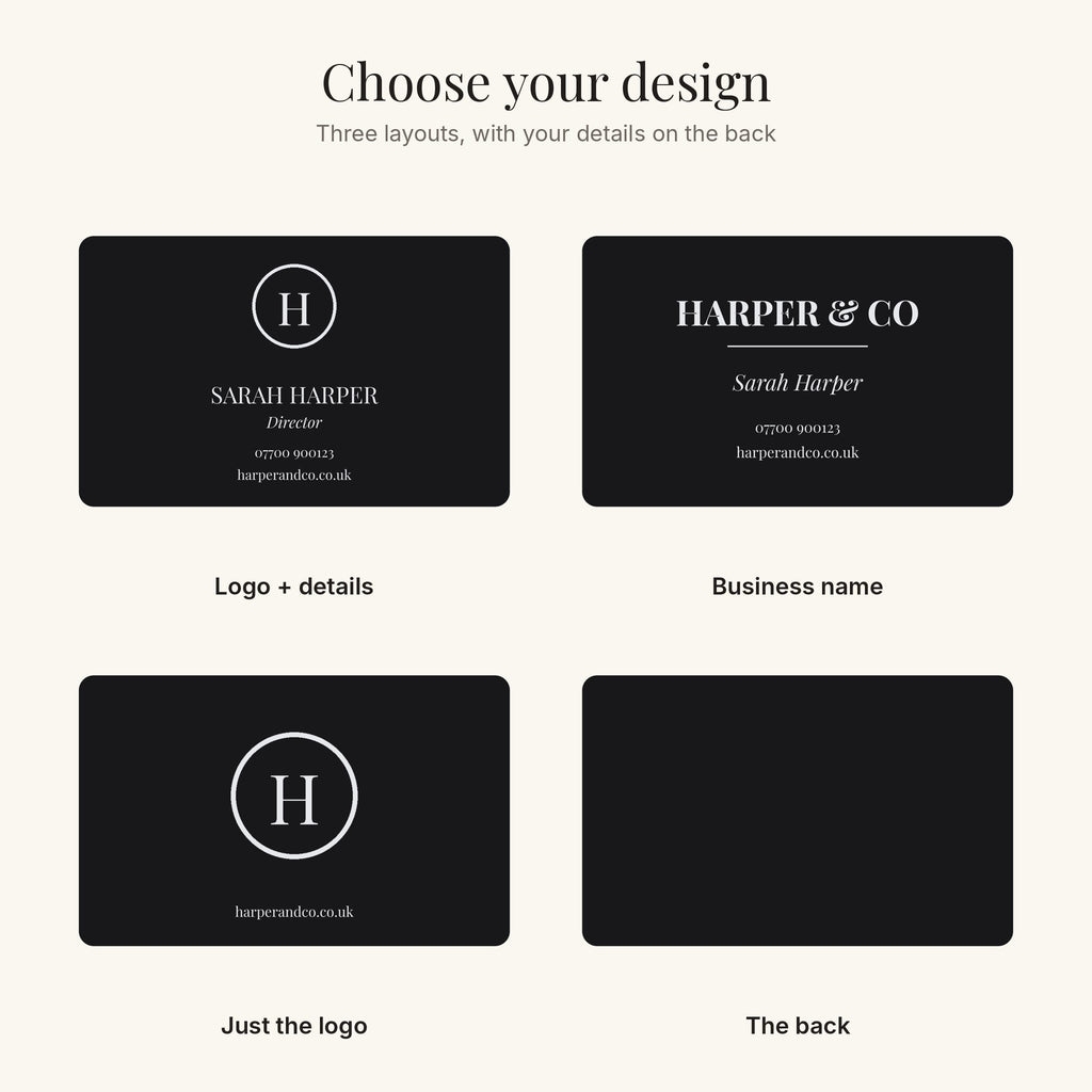 The three business card layouts and the back