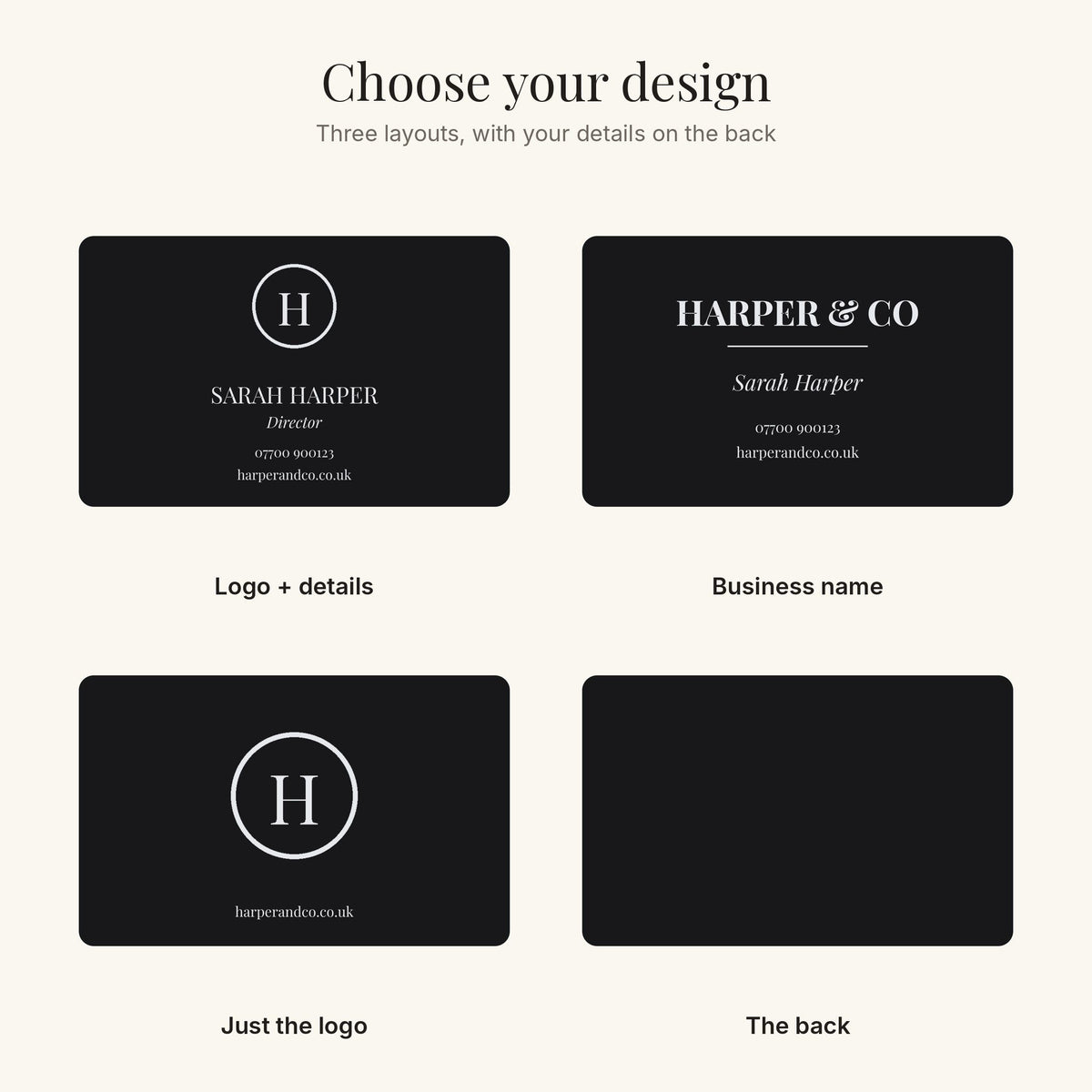 The three business card layouts and the back