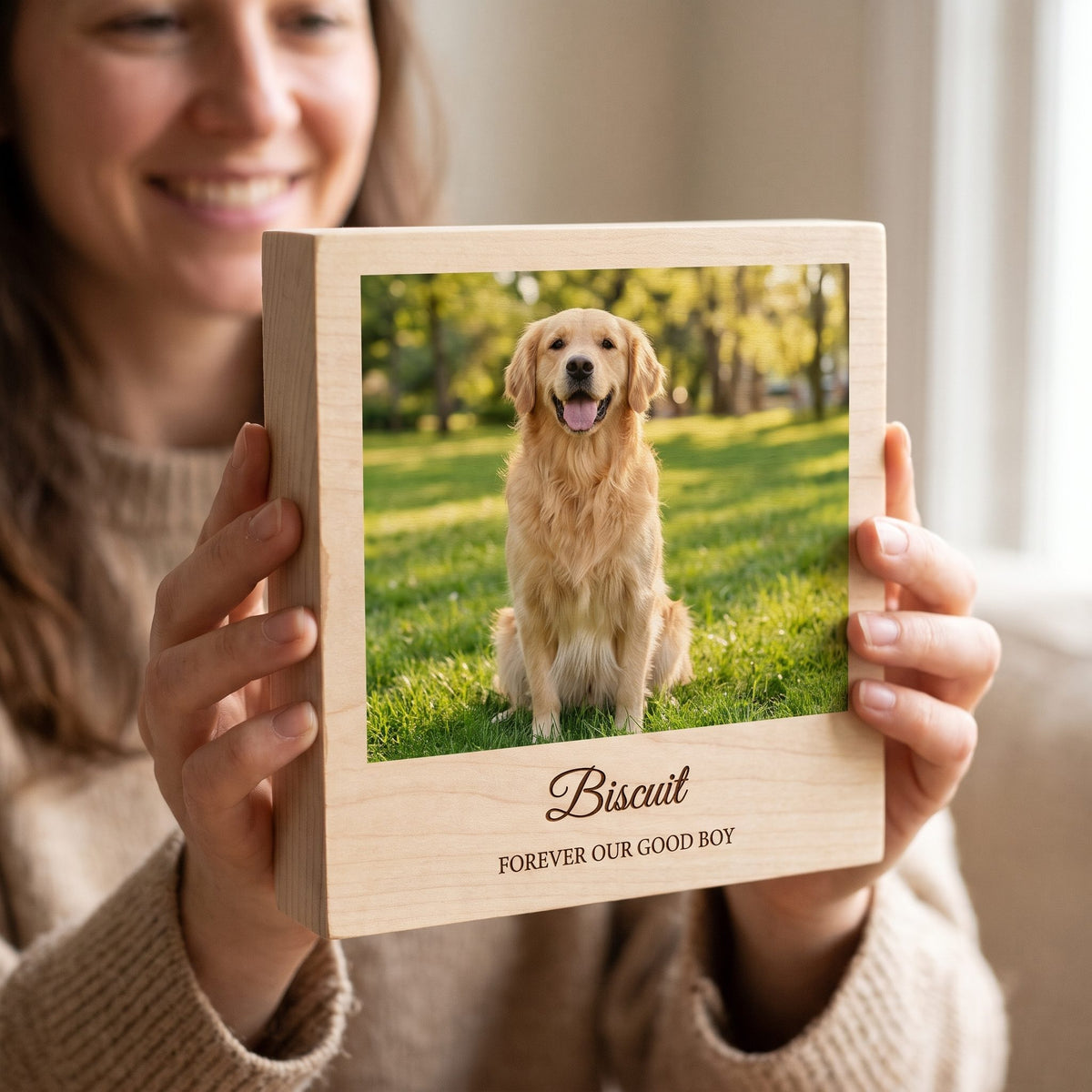 Woman holding a personalised wooden photo block