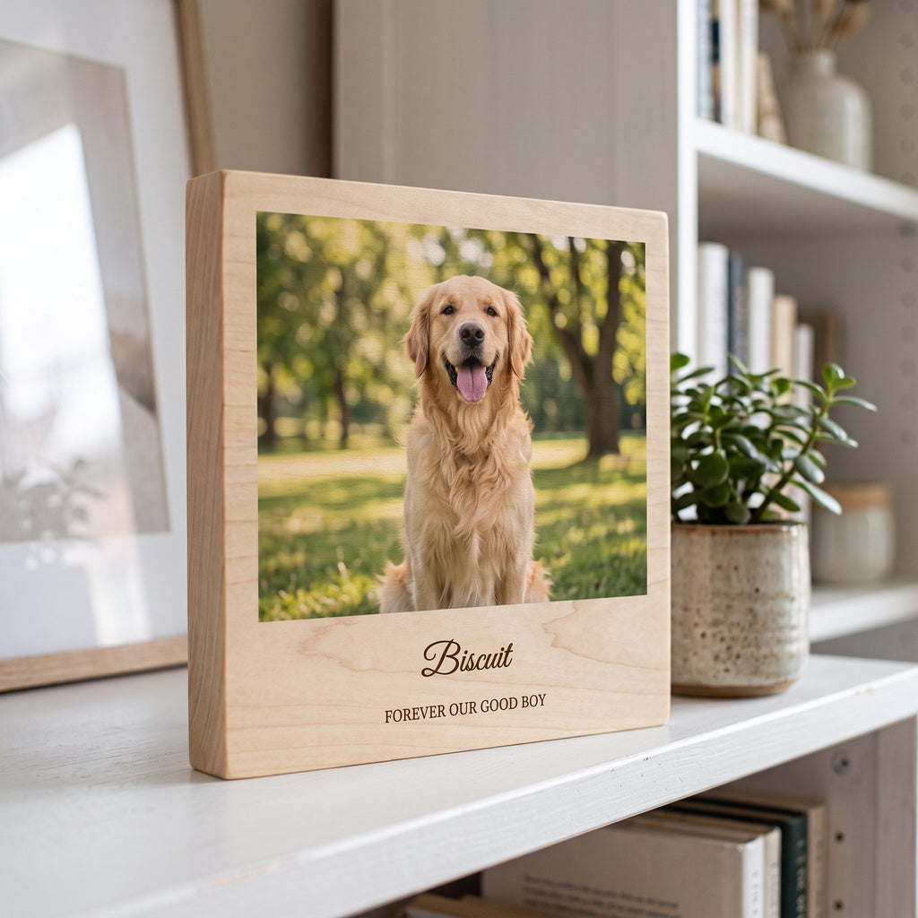 Photo block on a white bookshelf