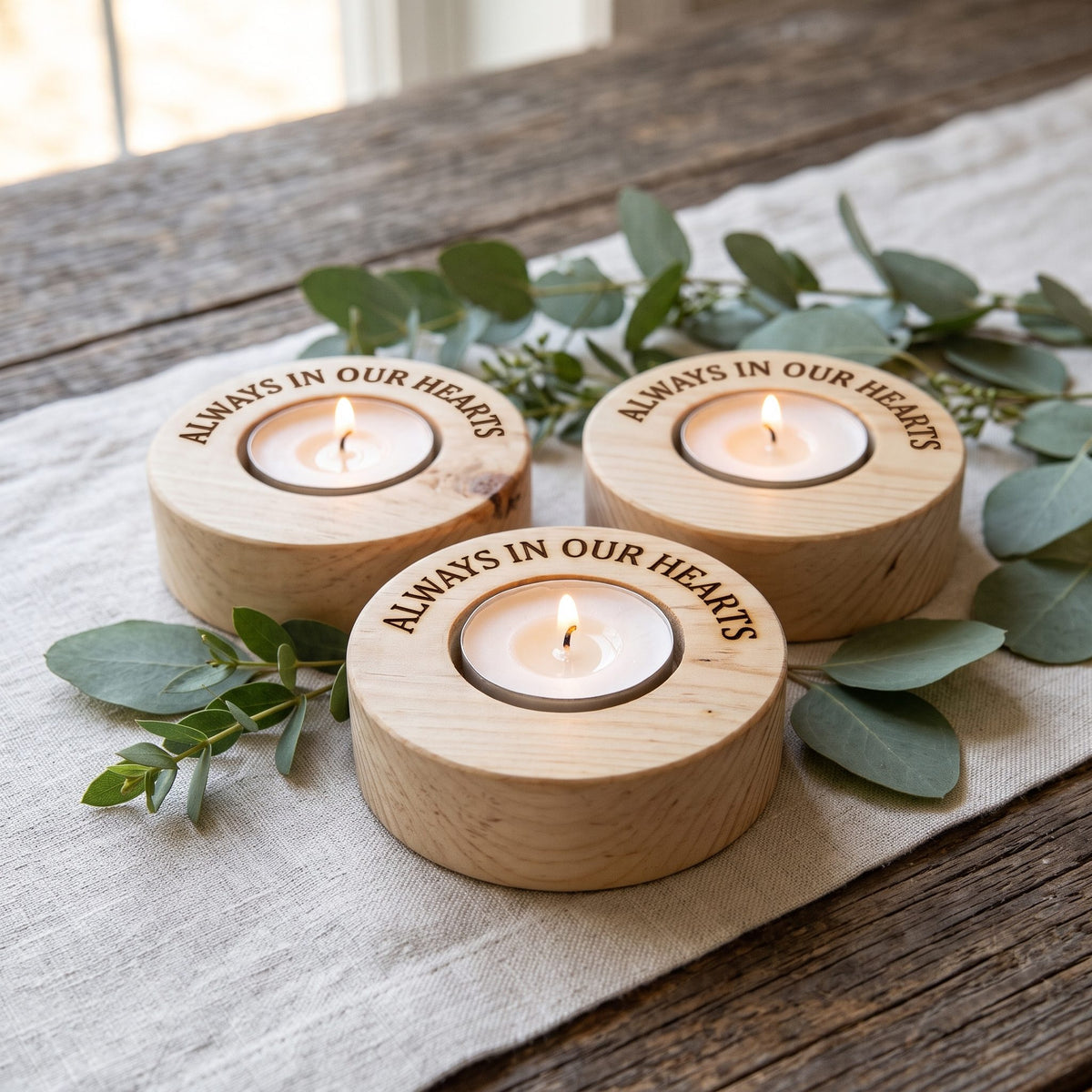 Three engraved pine tea-light holders on a linen runner with eucalyptus