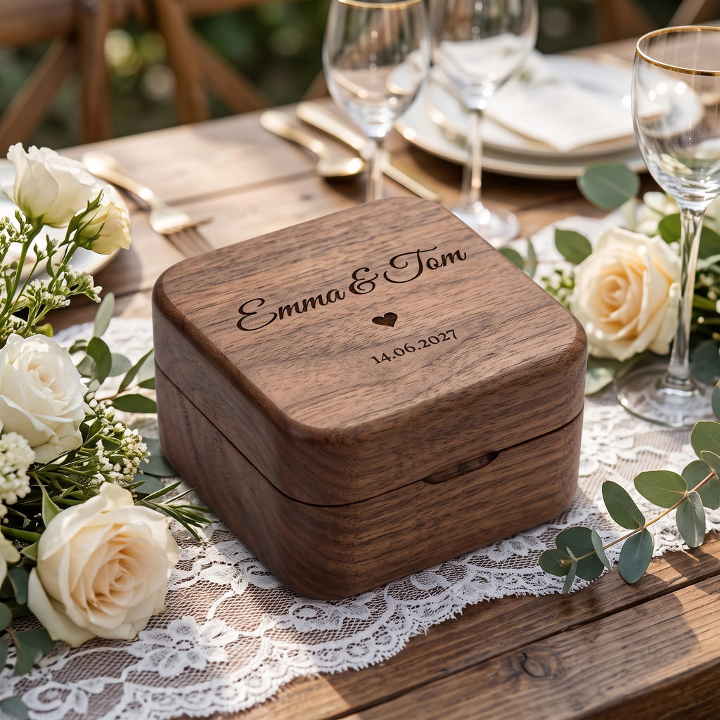 Engraved walnut ring box reading Emma & Tom on a wedding table with white roses