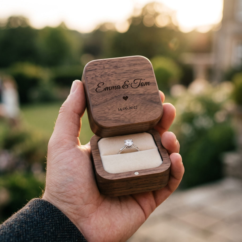 Man holding an open engraved ring box with an engagement ring