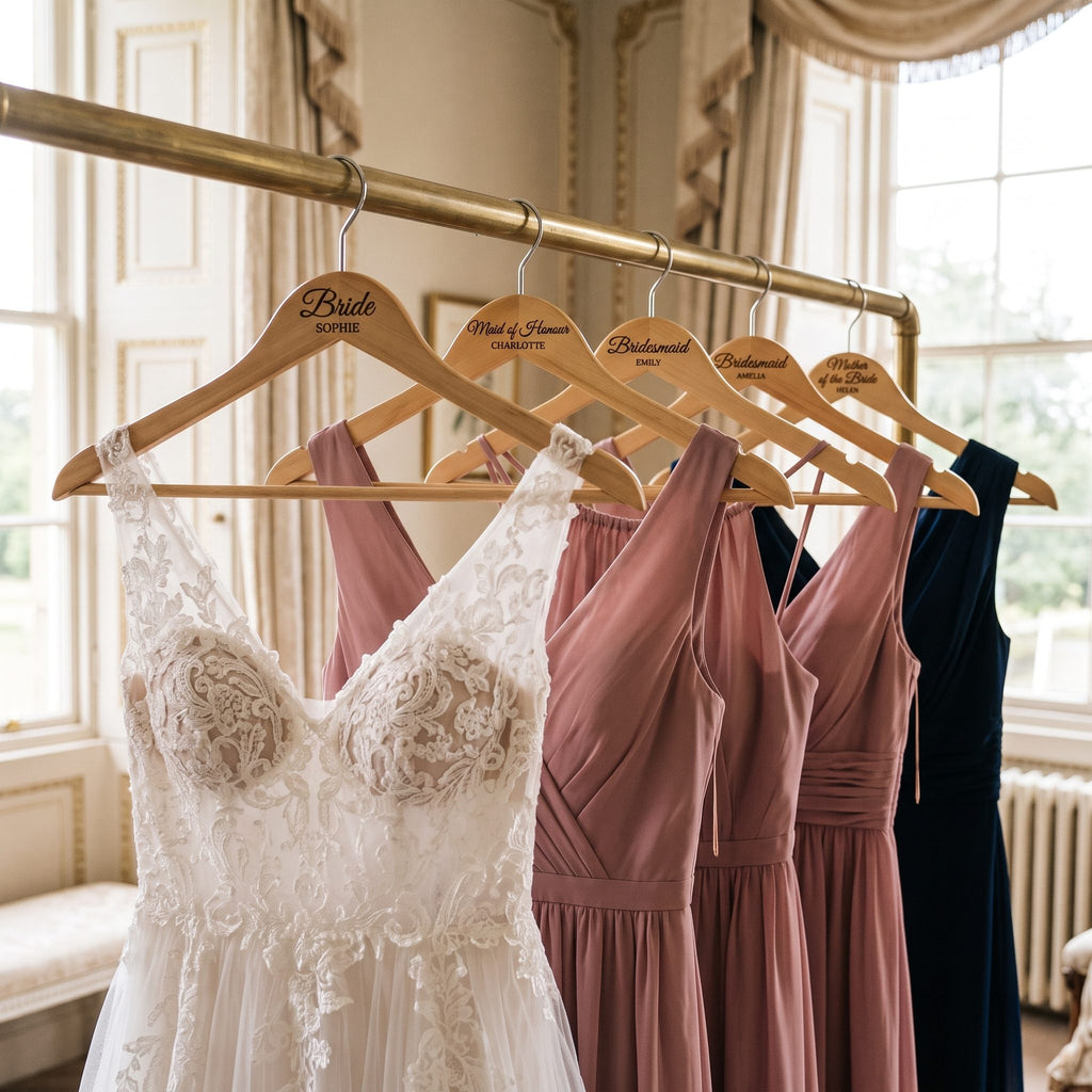 Row of five engraved wedding hangers holding the bridal party dresses