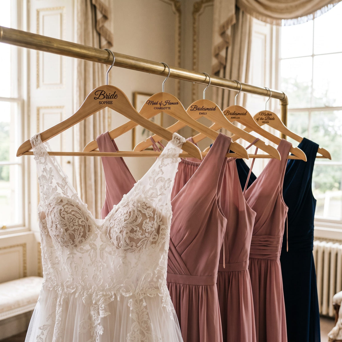 Row of five engraved wedding hangers holding the bridal party dresses