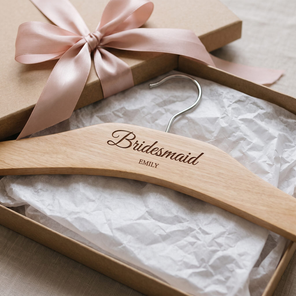 Engraved Bridesmaid hanger in a gift box with ribbon