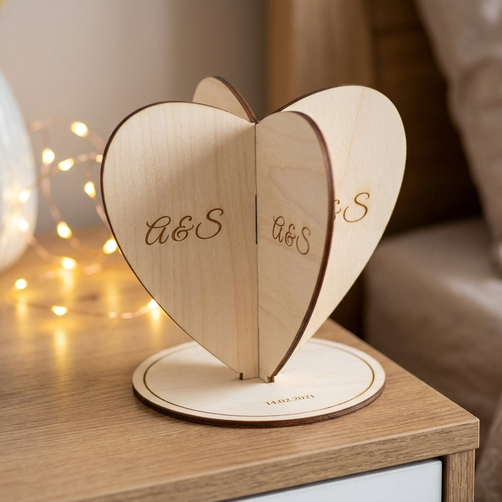 Personalised 3D heart keepsake with A & S initials and date on a bedside table