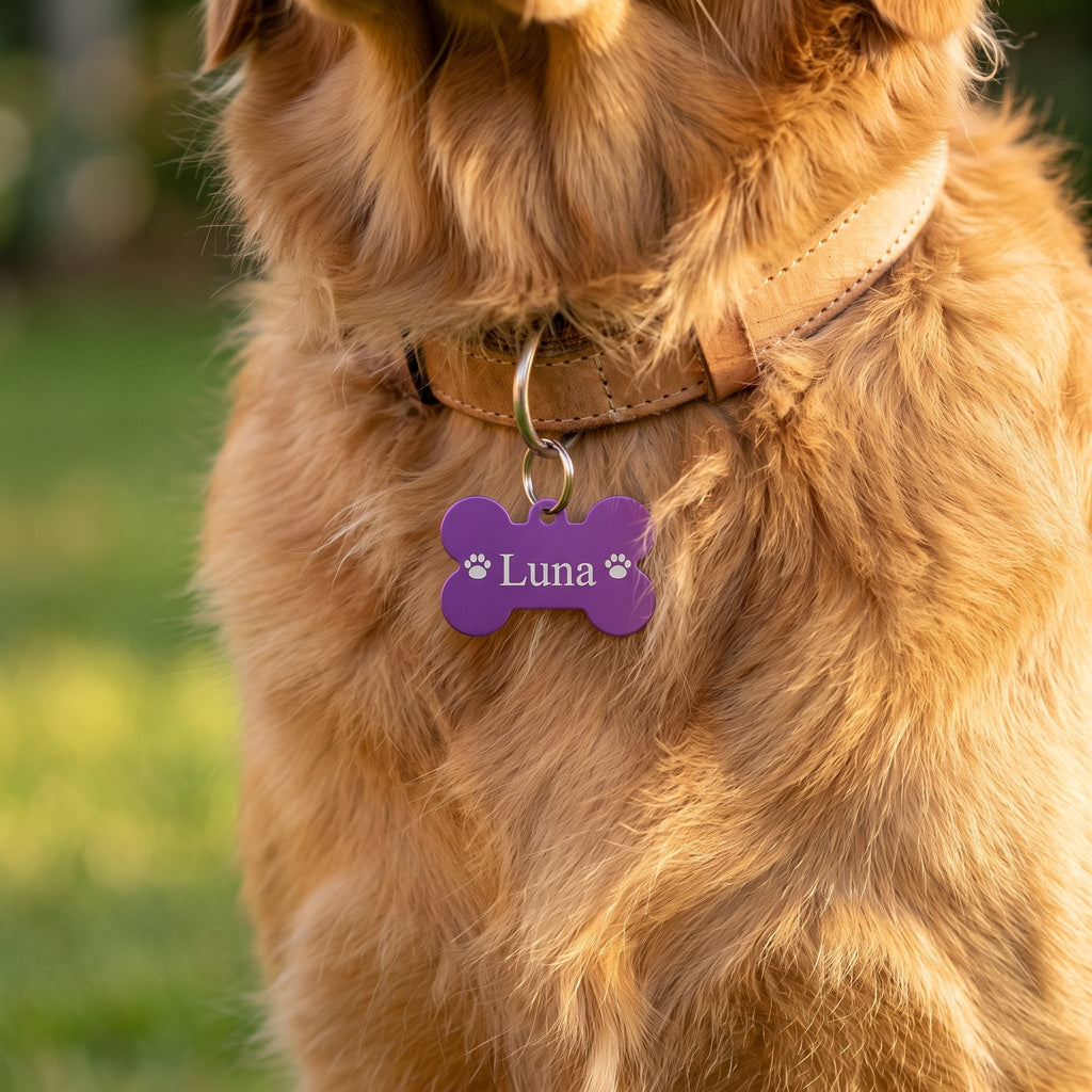 Purple bone pet tag engraved Luna with paw prints on a golden retriever's collar