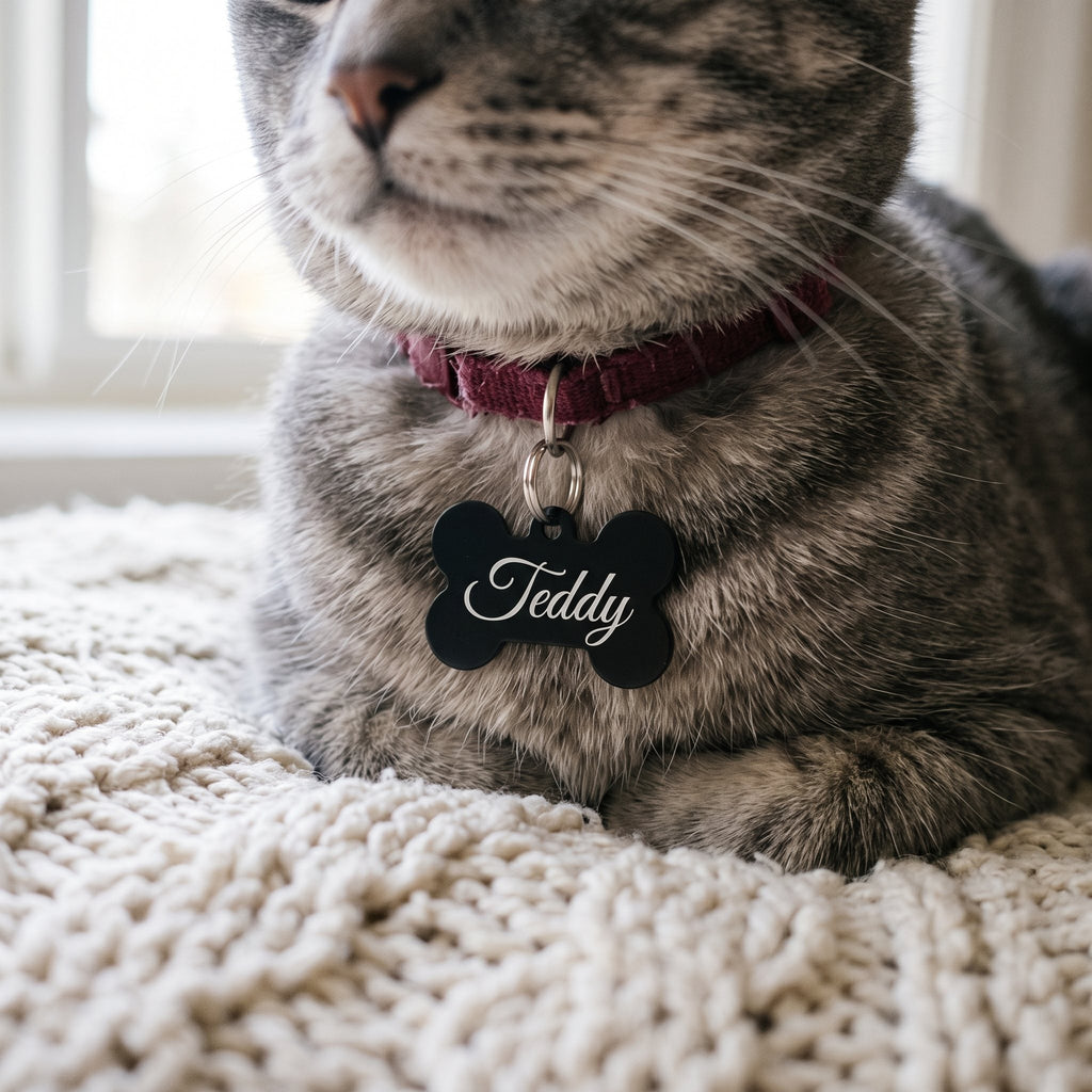 Black bone pet tag engraved Teddy in script on a tabby cat's collar