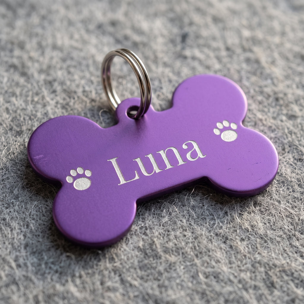 Close-up of bright silver engraving on a purple anodised bone tag