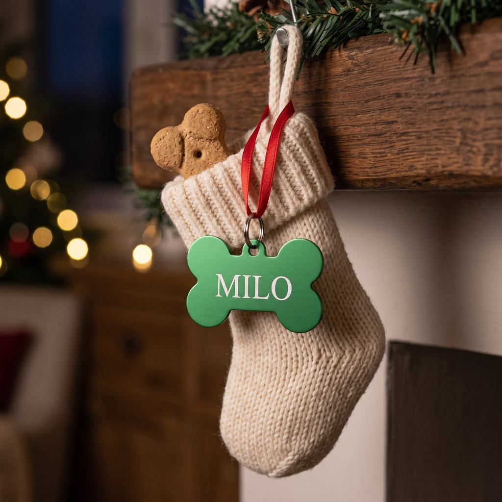 Green bone pet tag engraved MILO tied to a Christmas stocking