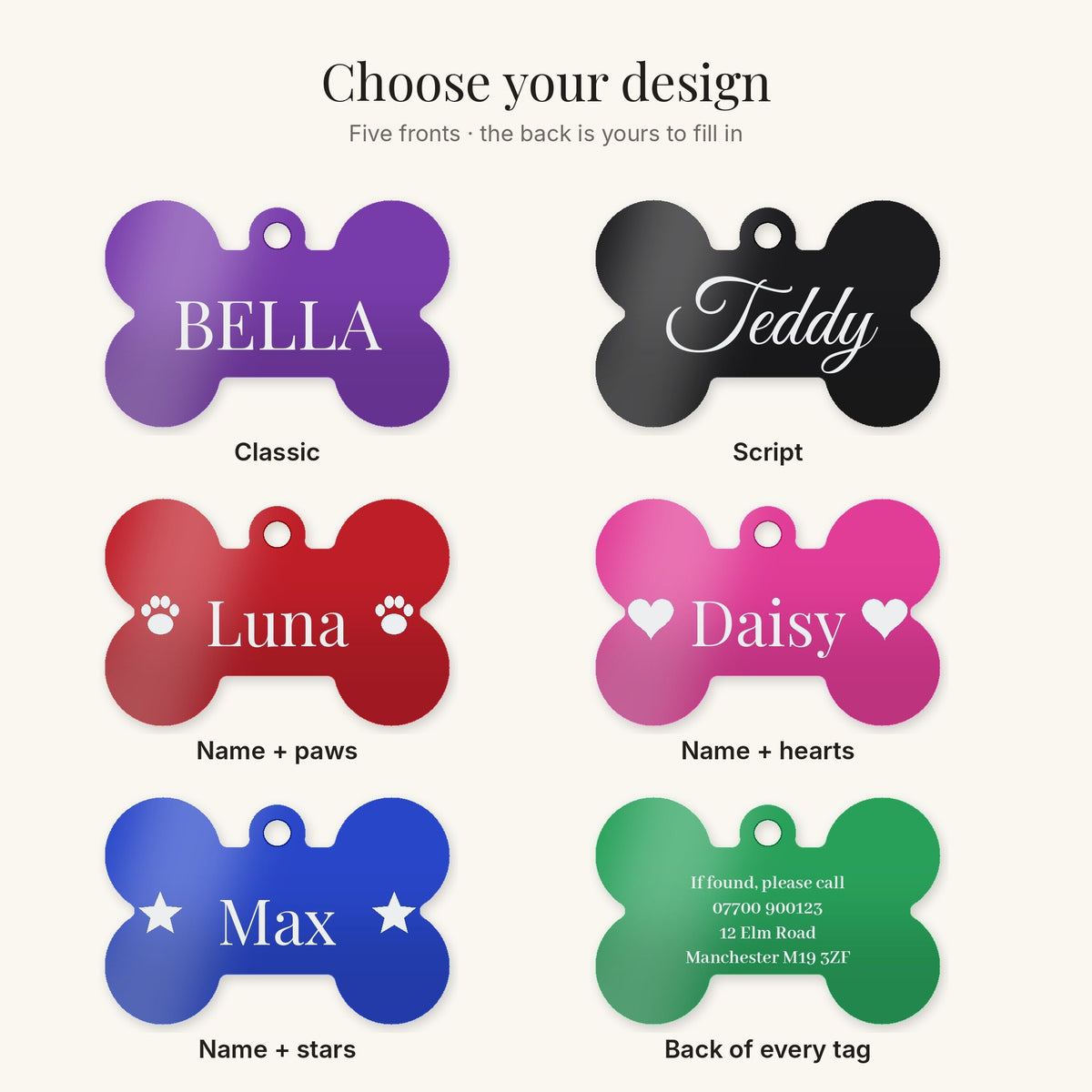 The five front designs and the back of the tag