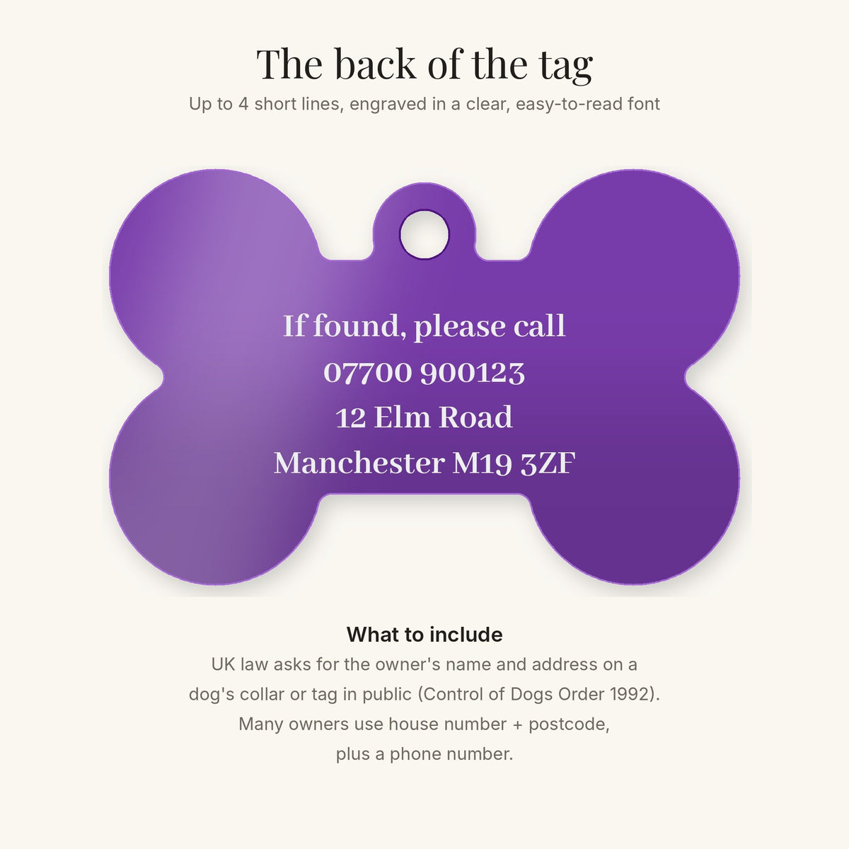 The back of the tag with owner contact details