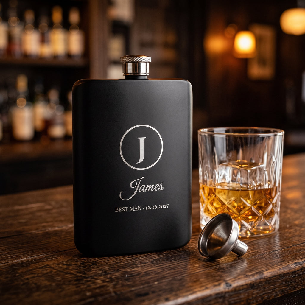 Personalised engraved black hip flask 1