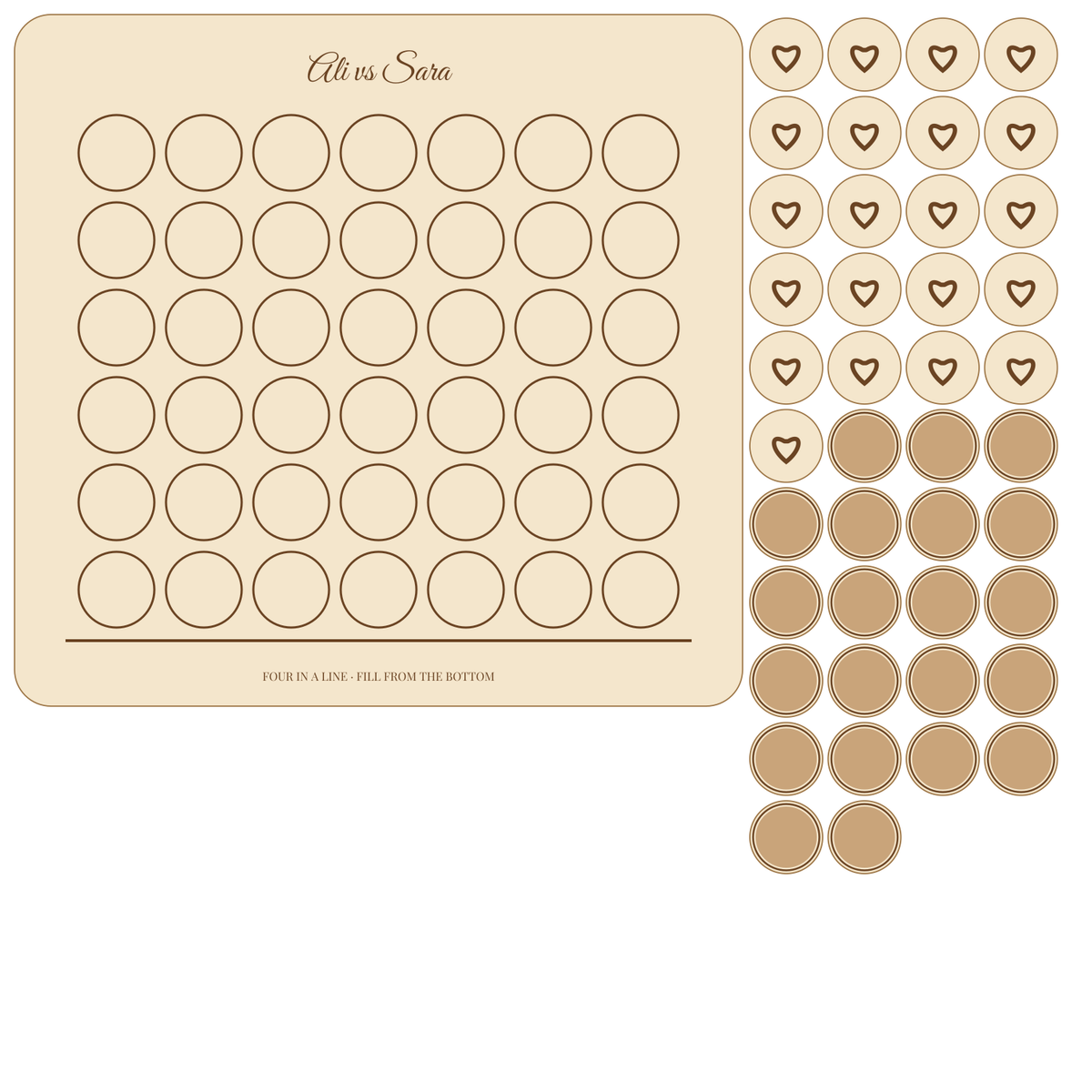Layout of the personalised four in a row game showing where your names go