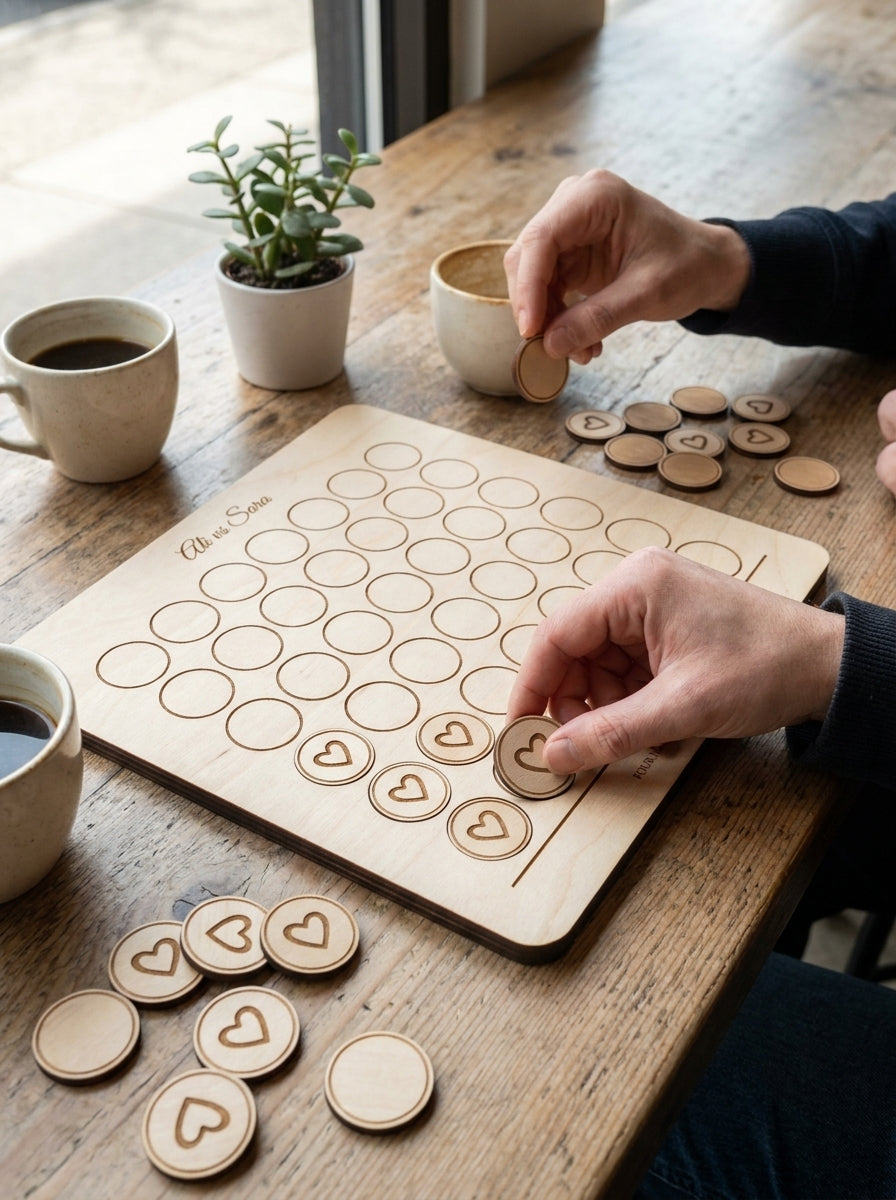 Personalised four in a row game being played at a café table
