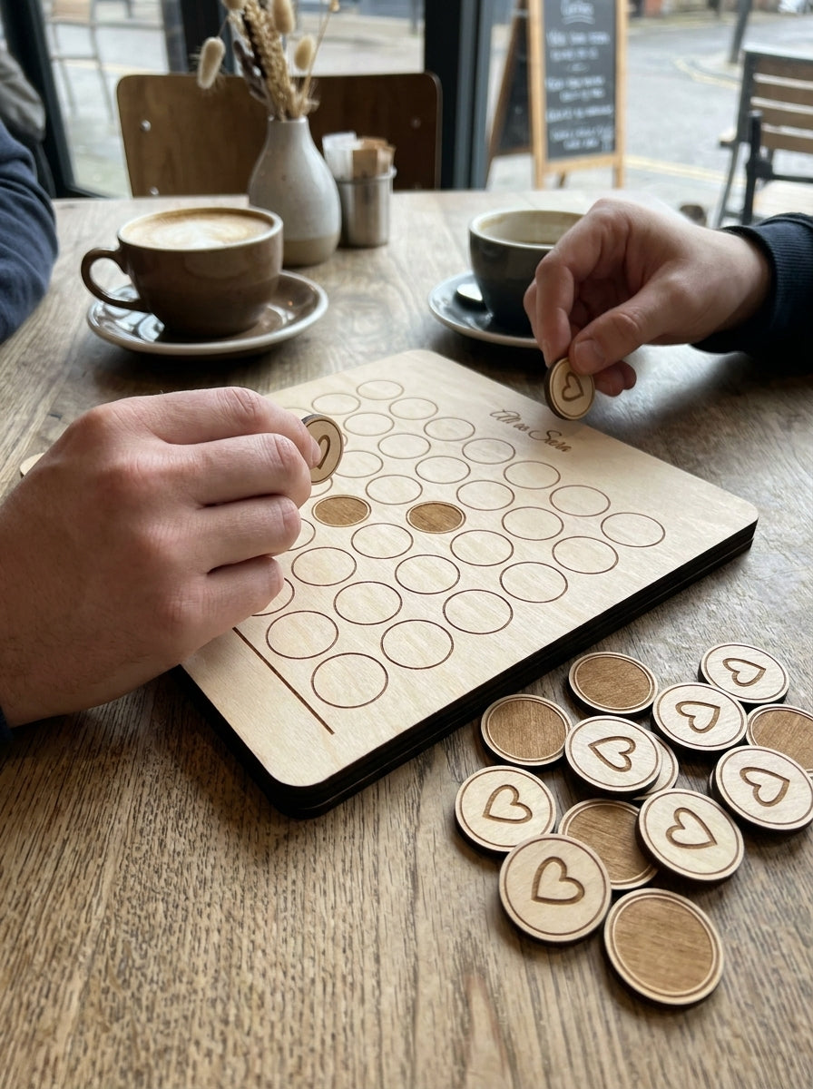 Personalised four in a row game with heart counters being placed at a café