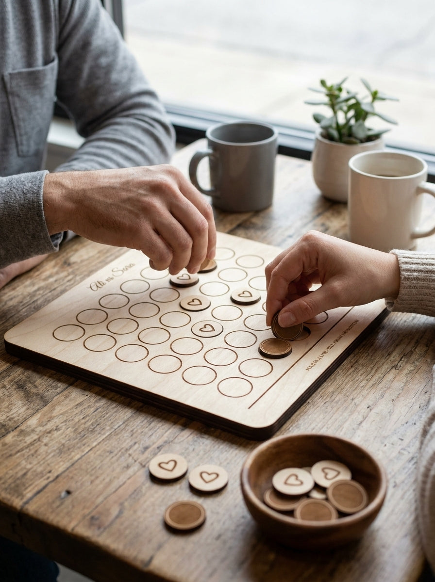 Personalised four in a row game being played by two adults over coffee