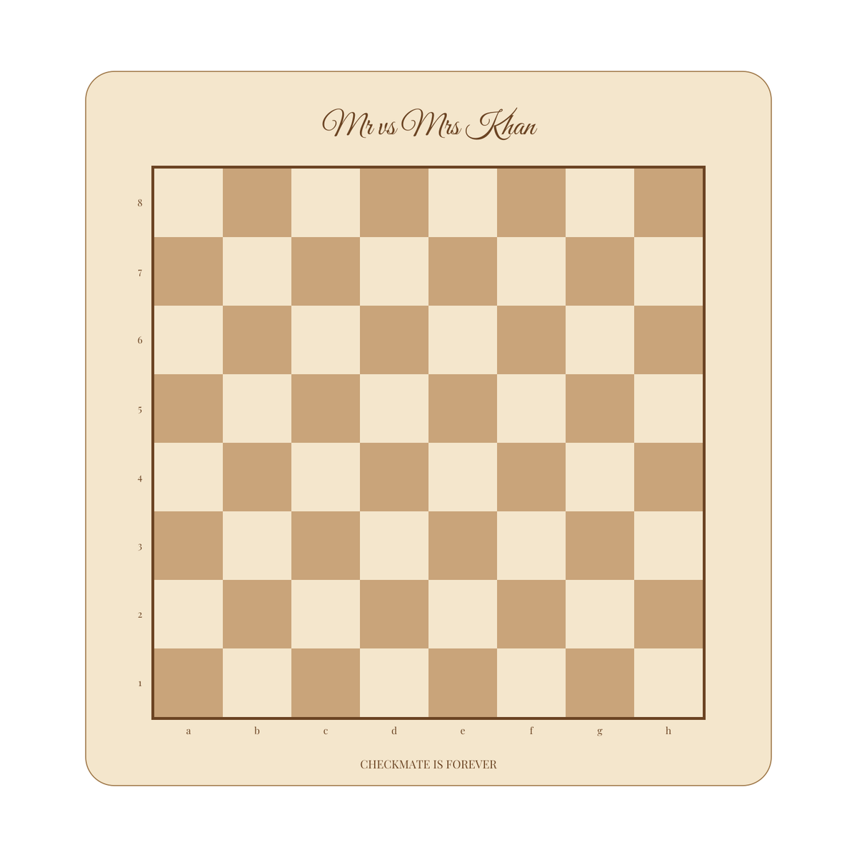 Layout of the personalised Mr & Mrs chess set showing where your names go