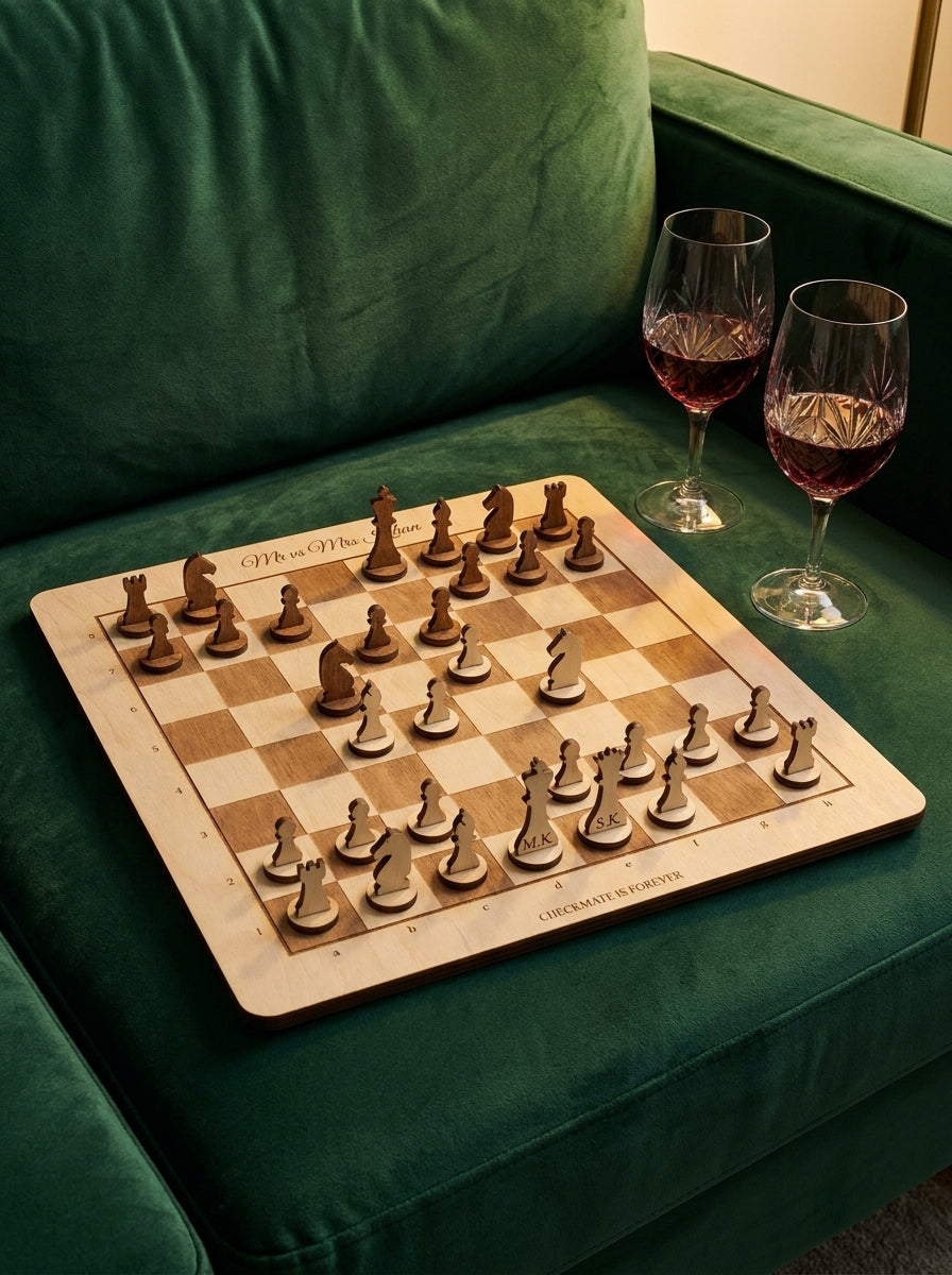 Personalised Mr & Mrs chess set mid-game on a velvet sofa with two glasses of wine