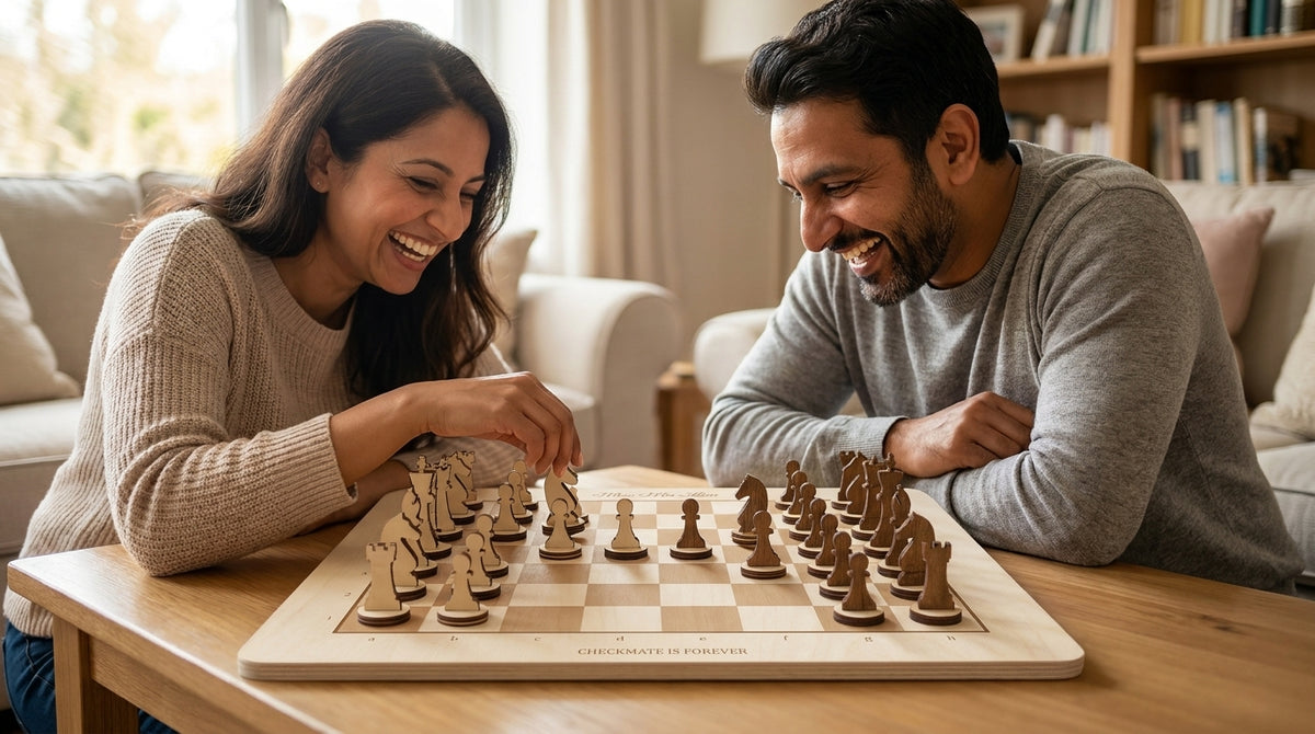 Personalised Mr & Mrs chess set with a couple laughing across the board