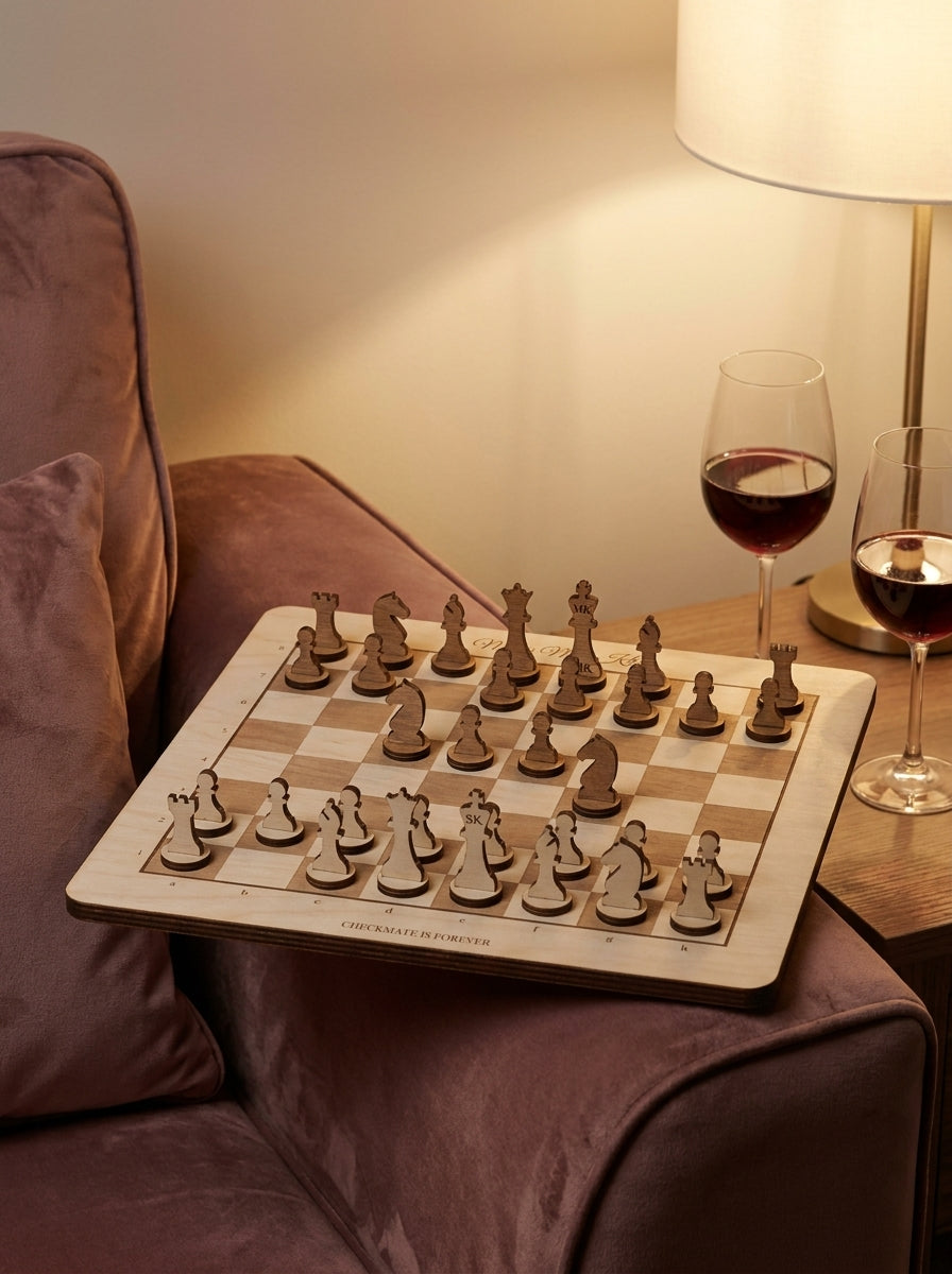 Personalised Mr & Mrs chess set on a sofa arm by lamplight