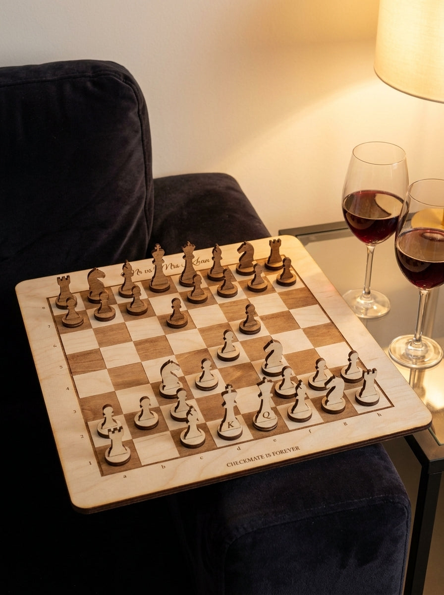 Personalised Mr & Mrs chess set mid-game beside two glasses of red wine