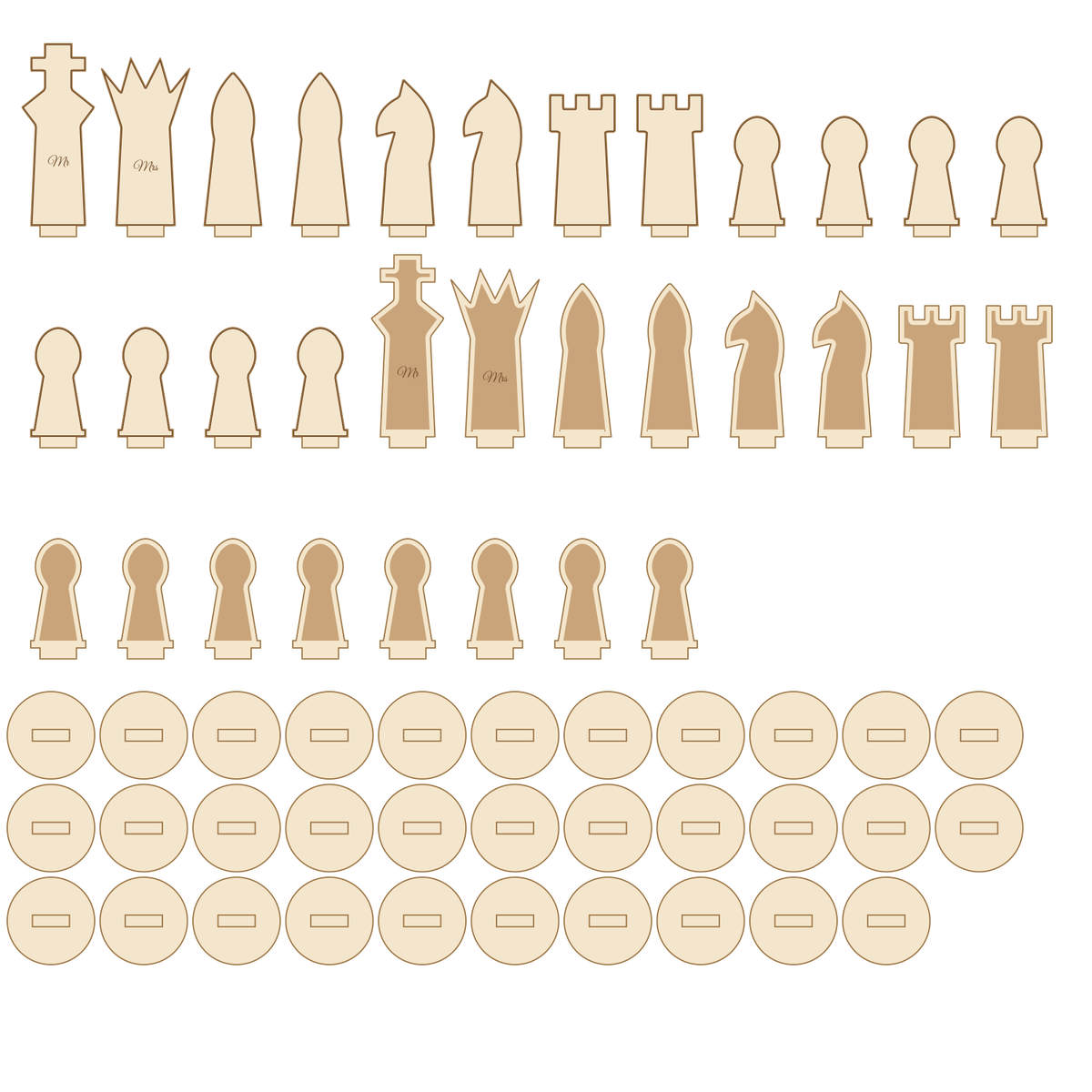 The 32 slot-in pieces and bases of the personalised Mr & Mrs chess set