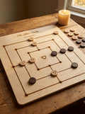 Personalised Nine Men's Morris board engraved The Khan Family, mid-game by candlelight