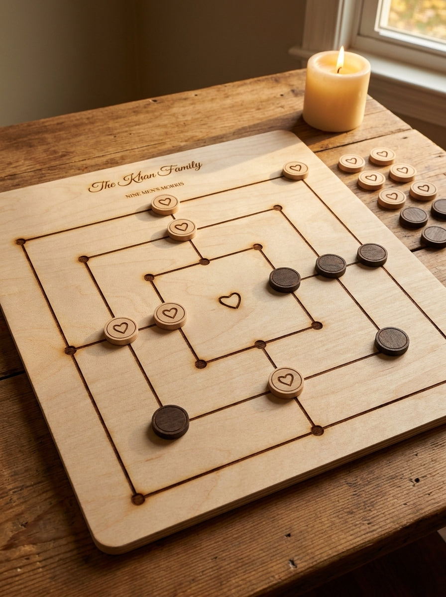Personalised Nine Men's Morris board engraved The Khan Family, mid-game by candlelight