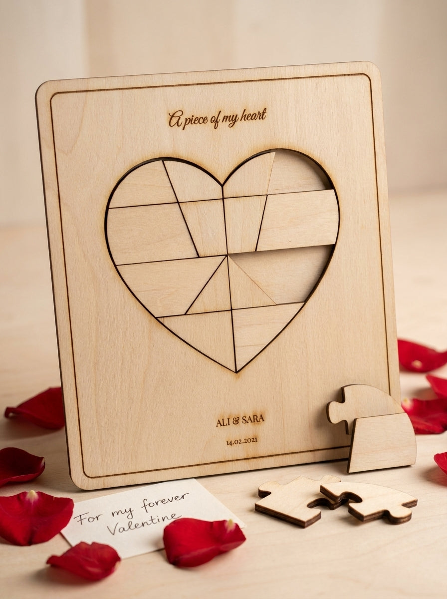 Personalised 'Piece of My Heart' puzzle standing in its frame with rose petals and a Valentine's card