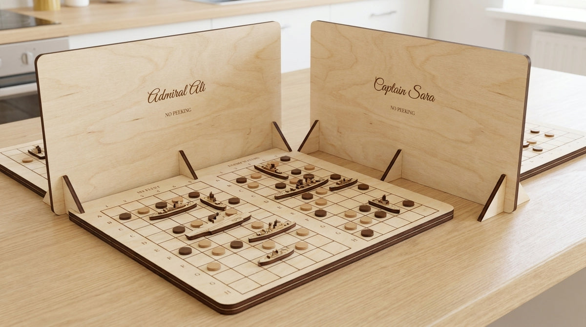 Personalised Sea Battle game with Admiral Ali and Captain Sara privacy screens