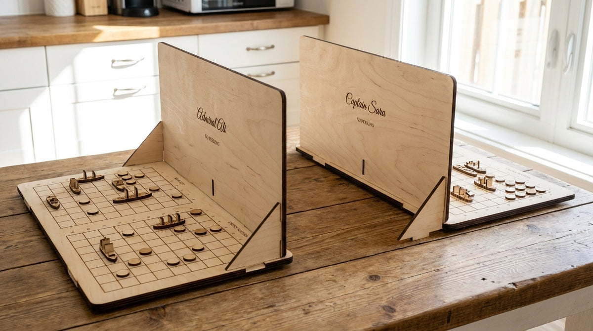 Personalised Sea Battle game boards and ships set up on a kitchen table