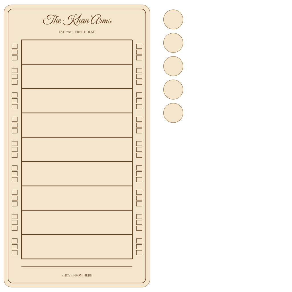 Layout of the personalised shove ha'penny board showing where your names go
