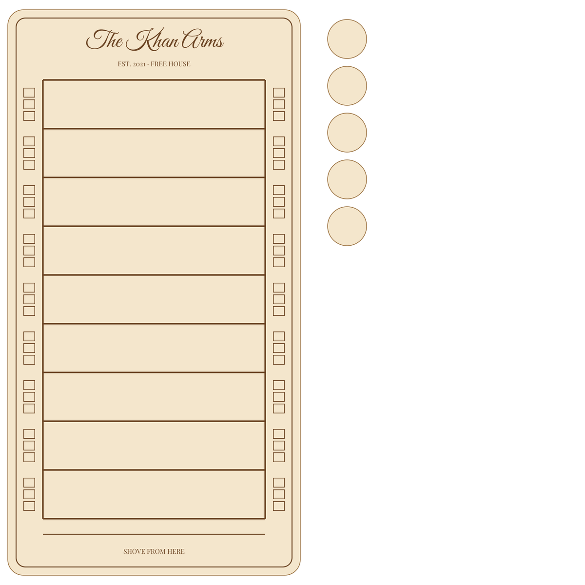 Layout of the personalised shove ha'penny board showing where your names go