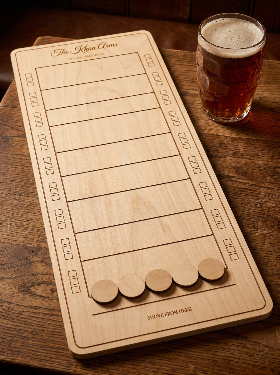 Personalised shove ha'penny board engraved The Khan Arms, with five discs and a pint