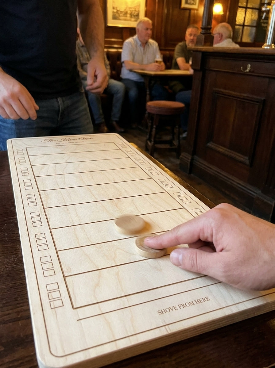 Personalised shove ha'penny board being played in a pub, disc mid-shove