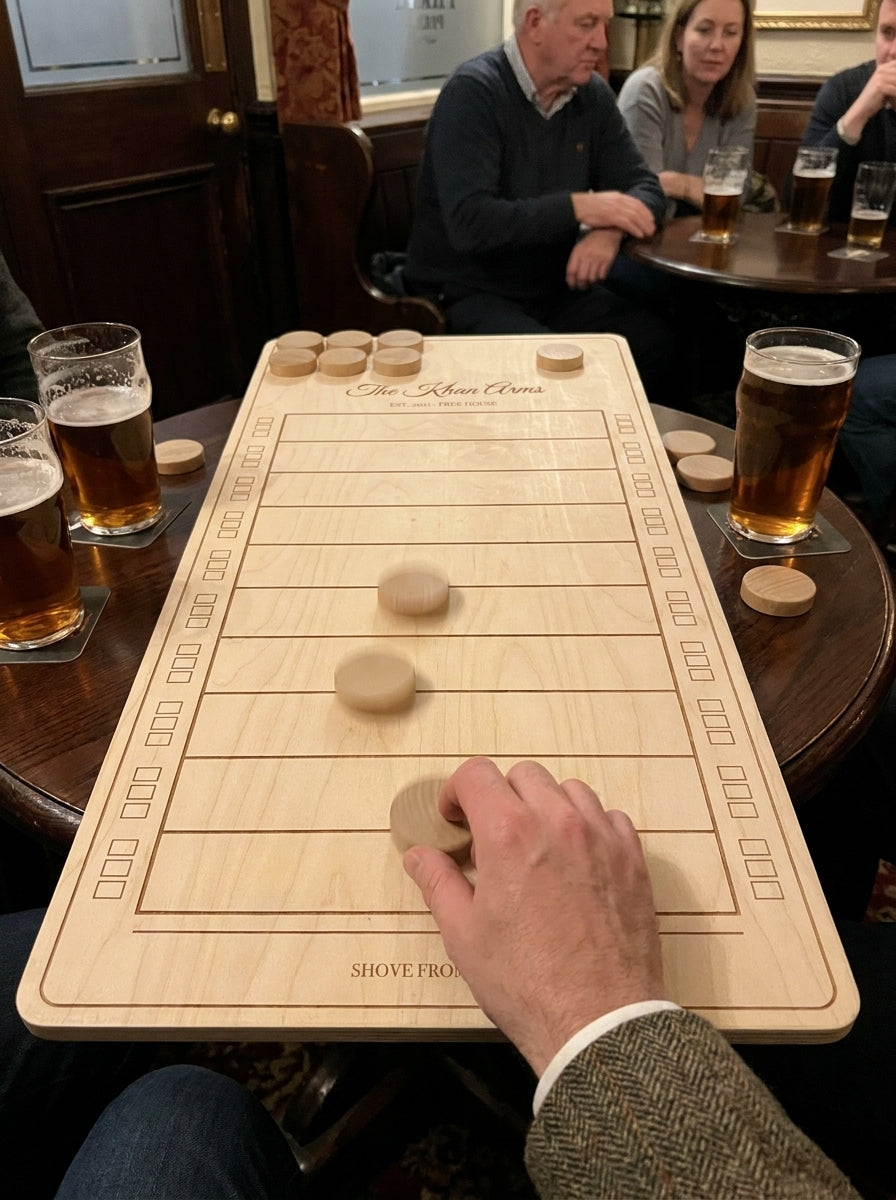Personalised shove ha'penny board being played on a pub table
