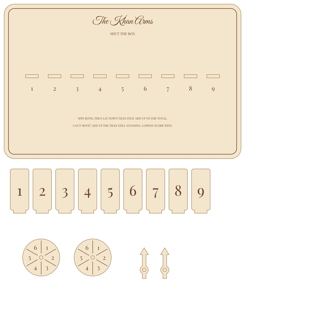 Layout of the personalised Shut the Box game showing where your names go