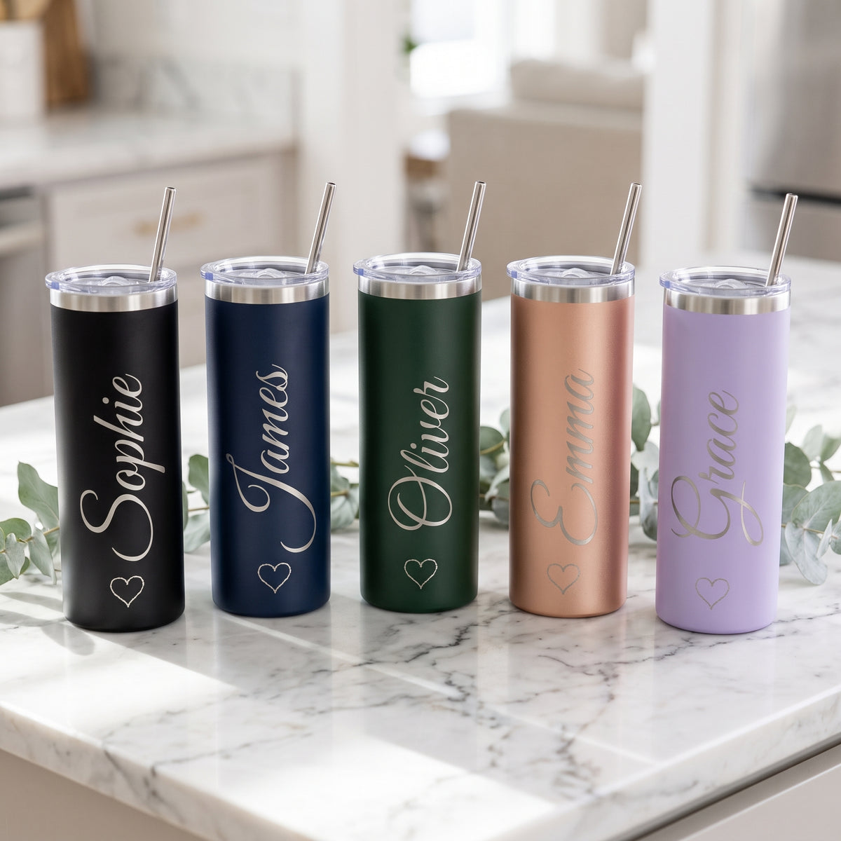 Six personalised skinny tumblers engraved with names in black, navy, dark green, rose gold and lavender